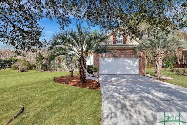 view of front of property with brick siding, a garage, a front yard, and driveway