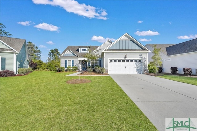 view of front of home with a front yard, an attached garage, board and batten siding, and concrete driveway