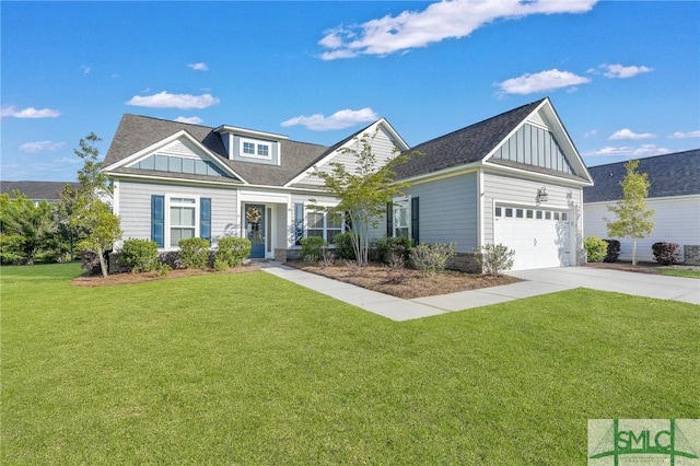 view of front of house featuring a front lawn, an attached garage, board and batten siding, and driveway