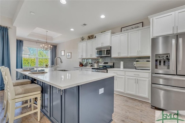 kitchen featuring visible vents, a sink, stainless steel appliances, white cabinets, and a raised ceiling