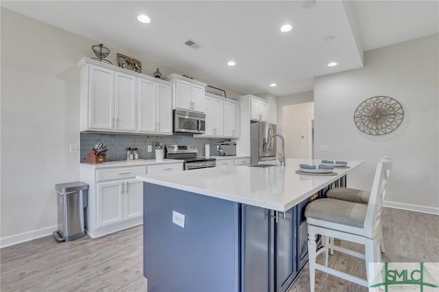 kitchen with visible vents, an island with sink, a sink, appliances with stainless steel finishes, and decorative backsplash