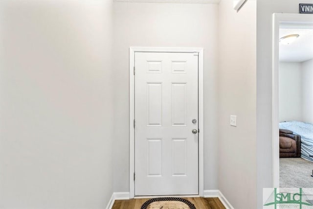 entryway with baseboards and wood finished floors