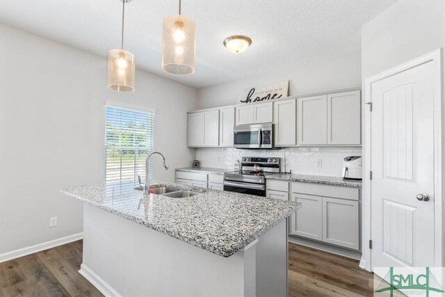 kitchen with dark wood finished floors, appliances with stainless steel finishes, an island with sink, and a sink