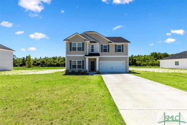 traditional-style home with a garage, driveway, and a front lawn