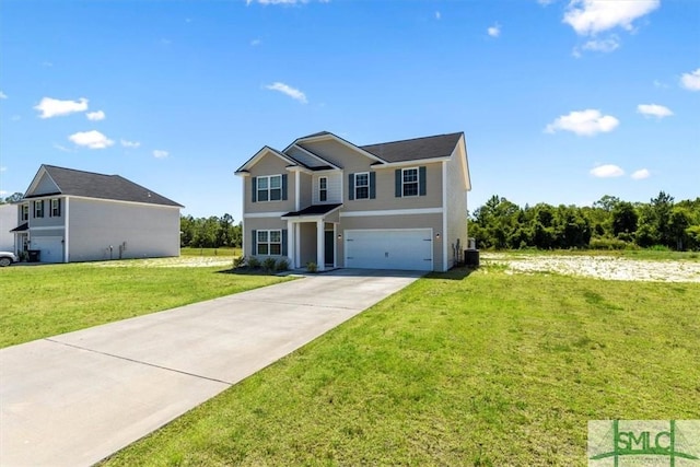 traditional-style home with a front yard, central AC unit, a garage, and driveway