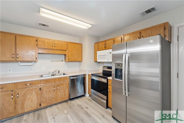 kitchen with visible vents, light wood-style flooring, a sink, light countertops, and appliances with stainless steel finishes