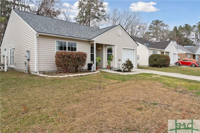 ranch-style house with a garage, driveway, a front lawn, and a shingled roof