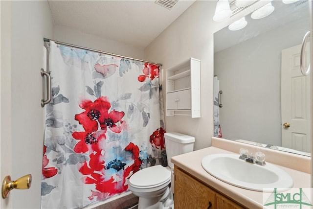 bathroom featuring vanity, curtained shower, toilet, and visible vents