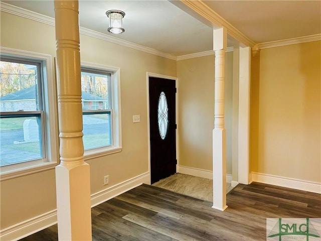 entrance foyer with dark wood finished floors, plenty of natural light, and crown molding