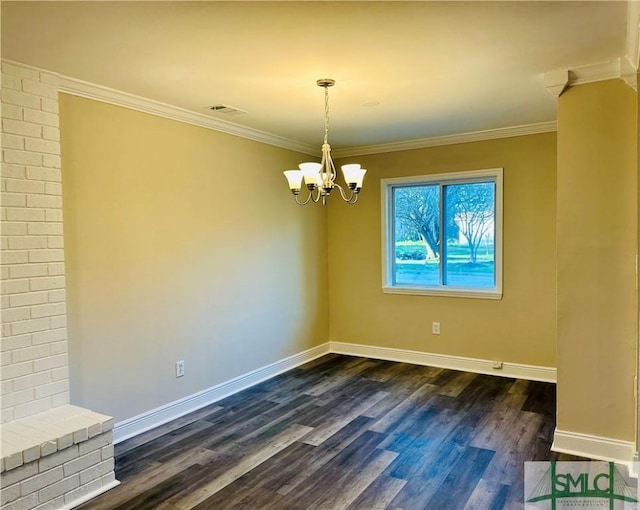 unfurnished dining area featuring a notable chandelier, dark wood-type flooring, visible vents, and ornamental molding