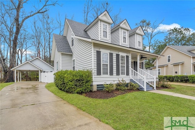 cape cod-style house with covered porch, a front lawn, and a shingled roof