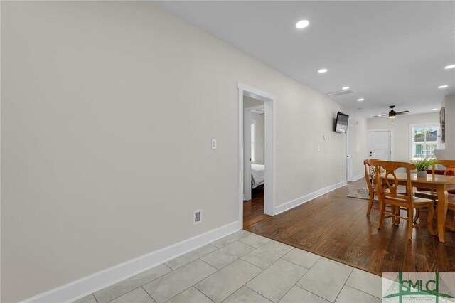 dining space with light tile patterned floors, baseboards, ceiling fan, and recessed lighting