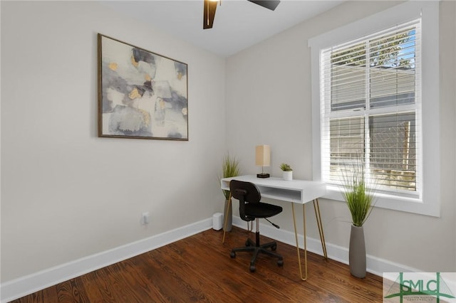 home office with wood finished floors, baseboards, and ceiling fan