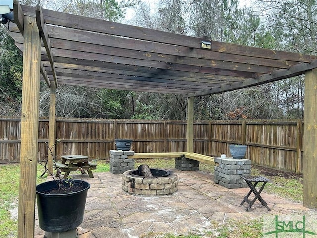 view of patio featuring a fire pit, a pergola, and a fenced backyard