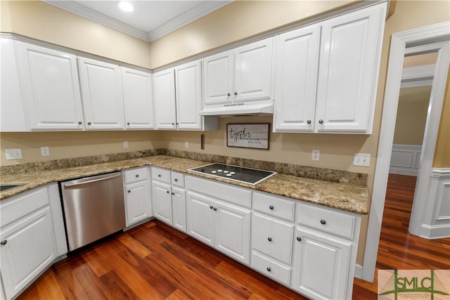 kitchen featuring black electric stovetop, under cabinet range hood, dishwasher, ornamental molding, and dark wood-style flooring