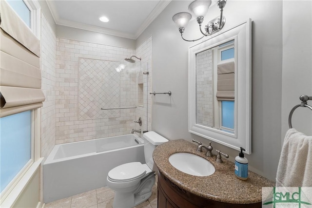 full bathroom featuring tile patterned floors, toilet, shower / tub combination, crown molding, and vanity