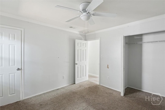 7014 Key St, Savannah, GA 31406 - unfurnished bedroom with carpet floors, ornamental molding, a closet, ceiling fan, and baseboards