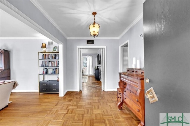 hallway featuring parquet floors, visible vents, baseboards, and ornamental molding