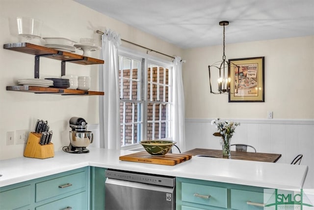 kitchen featuring dishwasher, open shelves, a wainscoted wall, and green cabinetry