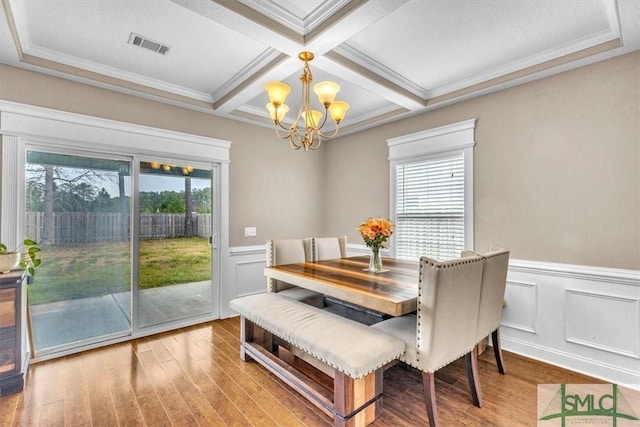 dining space featuring wood finished floors, visible vents, coffered ceiling, ornamental molding, and a notable chandelier