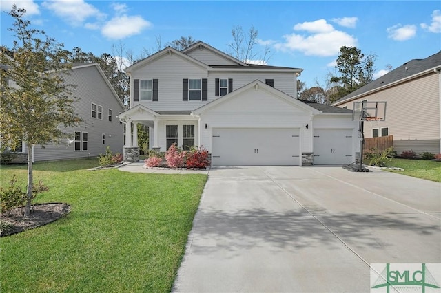 view of front of house featuring a front yard, an attached garage, and concrete driveway