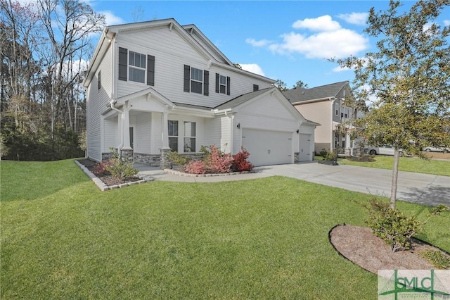 view of front facade featuring stone siding, an attached garage, concrete driveway, and a front lawn