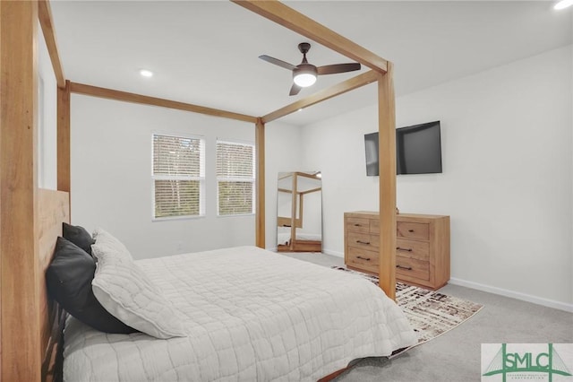 carpeted bedroom featuring recessed lighting, ceiling fan, and baseboards