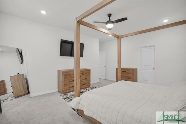 bedroom with recessed lighting, baseboards, carpet, and ceiling fan