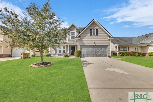 view of front of house featuring an attached garage, concrete driveway, and a front yard