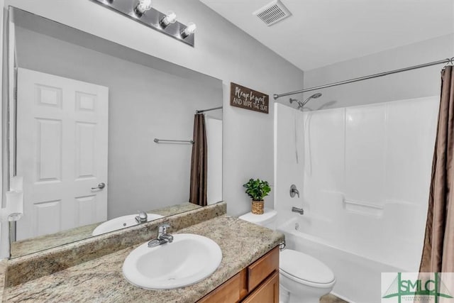 full bath featuring vanity, shower / bath combination with curtain, toilet, and visible vents