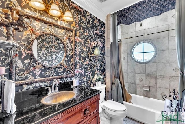 bathroom with crown molding, vanity, tile patterned floors, toilet, and shower / tub combo with curtain