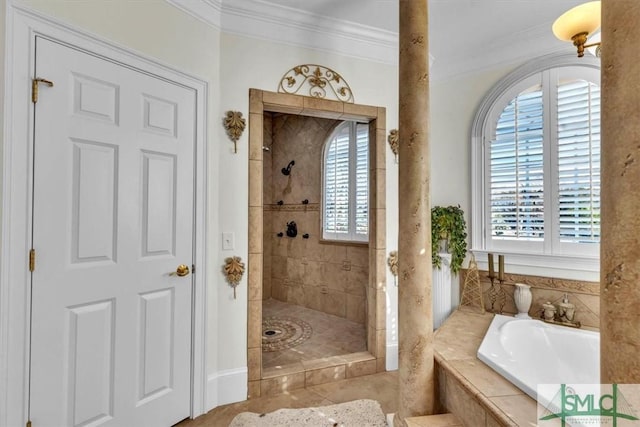 full bath with crown molding, tile patterned flooring, a walk in shower, and a garden tub