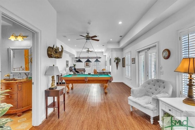 rec room with recessed lighting, ceiling fan, billiards, and wood finished floors
