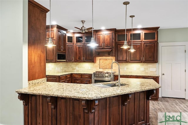 kitchen featuring a sink, glass insert cabinets, appliances with stainless steel finishes, and decorative backsplash