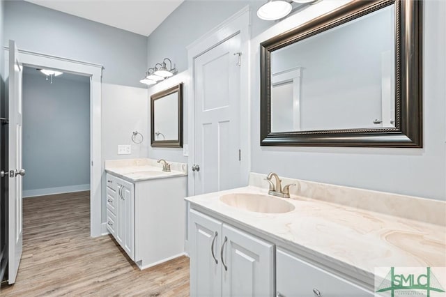 full bathroom with two vanities, wood finished floors, and a sink