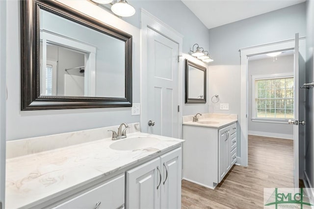 bathroom featuring a sink, baseboards, two vanities, and wood finished floors