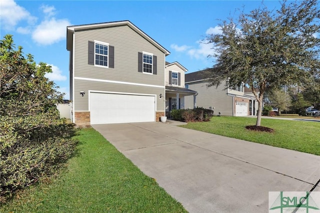 traditional-style house with a front lawn, an attached garage, stone siding, and driveway