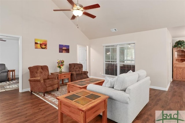 living area with visible vents, high vaulted ceiling, dark wood-style floors, baseboards, and ceiling fan