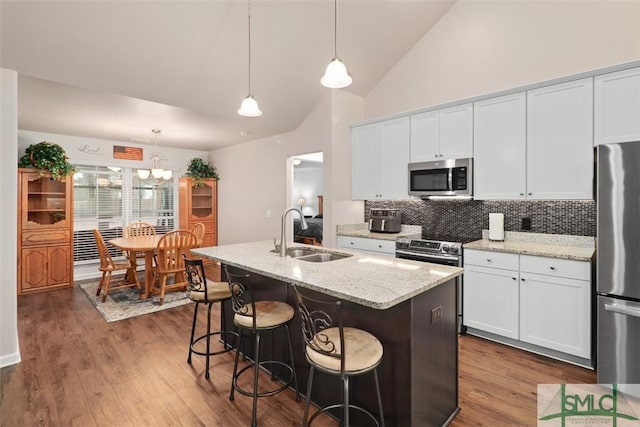 kitchen with a sink, dark wood-style floors, a center island with sink, and stainless steel appliances