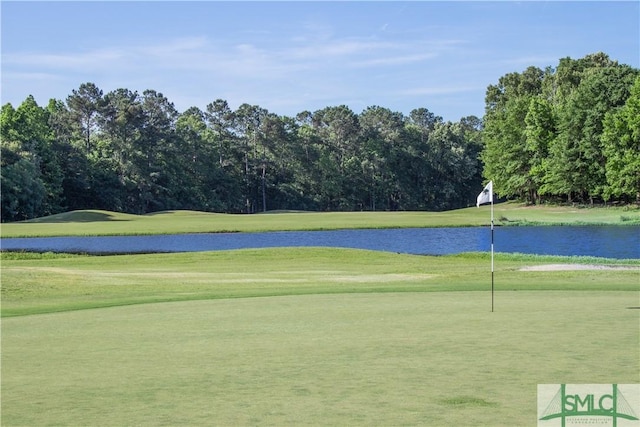 view of community with golf course view, a lawn, and a water view