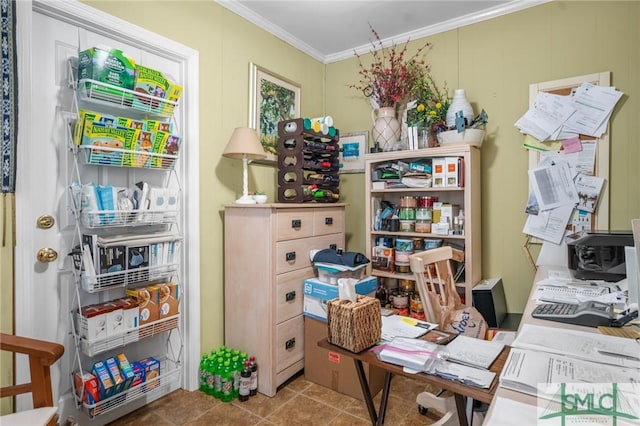 office area featuring tile patterned floors and ornamental molding