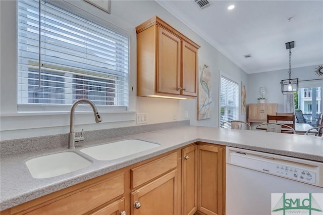 kitchen with a sink, crown molding, white dishwasher, and light countertops