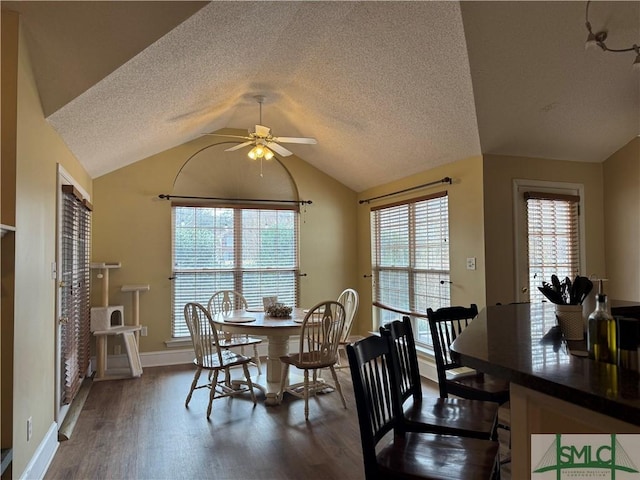 dining space featuring a wealth of natural light, dark wood-type flooring, and vaulted ceiling