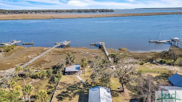 aerial view featuring a water view