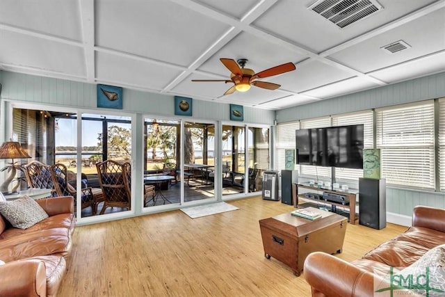 living room featuring wood finished floors, visible vents, coffered ceiling, and ceiling fan