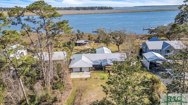 aerial view featuring a water view