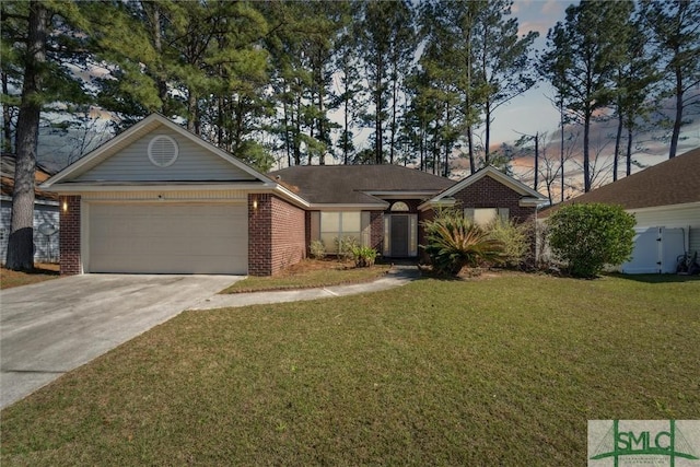 ranch-style house with a front lawn, a garage, brick siding, and driveway