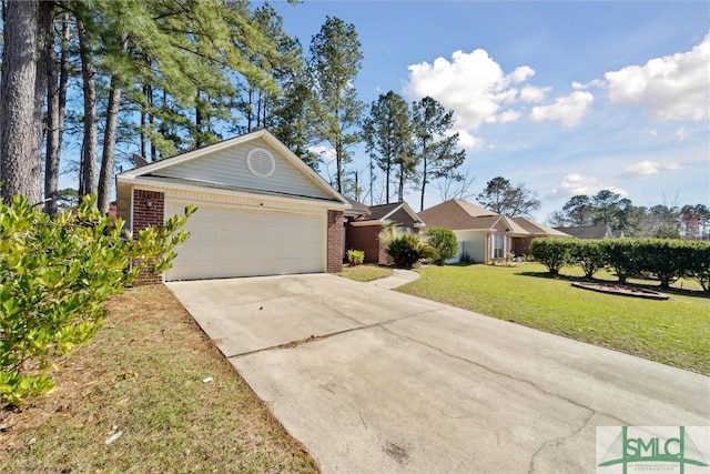 single story home with concrete driveway, a garage, brick siding, and a front lawn