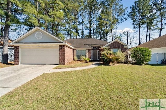 ranch-style house featuring a front yard, an attached garage, brick siding, and driveway