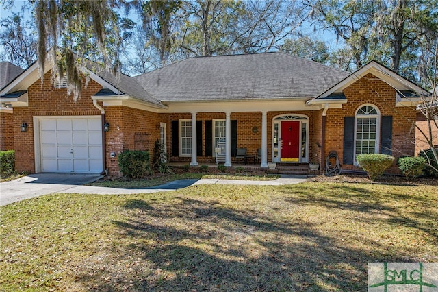 ranch-style house with a front yard, brick siding, a porch, and an attached garage